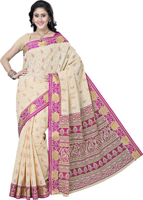 

Rani Saahiba Printed Gadwal Polycotton Saree(Beige), White