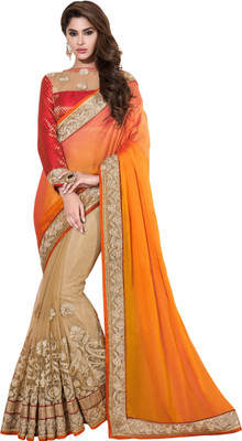 

Khoobee Self Design, Embroidered, Embellished Fashion Net, Chiffon Saree(Orange, Beige), Beige;orange
