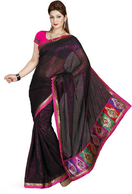 

Ishin Embroidered Fashion Georgette Saree(Black)