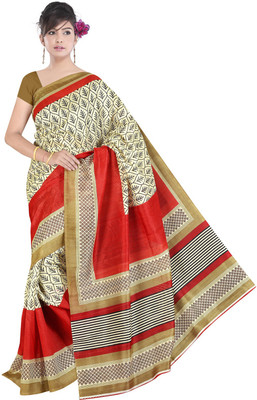 

Parisha Printed Daily Wear Art Silk Saree(White, Red), Cream & red