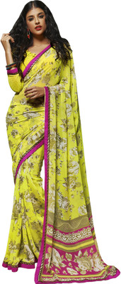 Jiya Self Design, Printed Fashion Georgette Saree(Yellow)