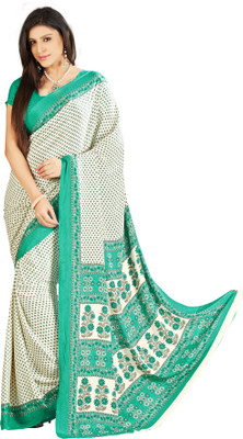 

Khoobee Printed Fashion Crepe Saree(White, Green), Green;white