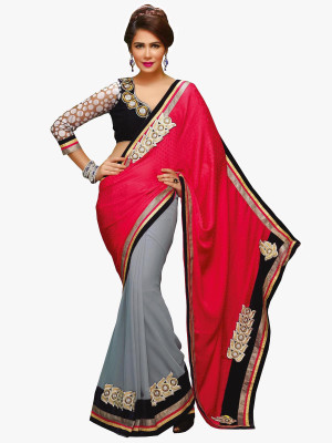 

Manthan Embroidered Daily Wear Georgette, Jacquard Saree(Red, Grey)