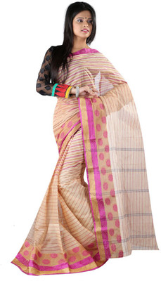

Hawai Striped Tant Handloom Cotton Saree(Beige, Purple)