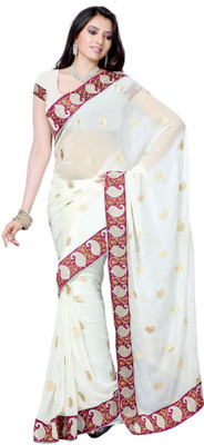 

JTInternational Self Design Fashion Chiffon Saree(White)