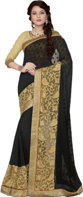 

Khoobee Self Design, Embroidered Fashion Chiffon, Jacquard Saree(Black)