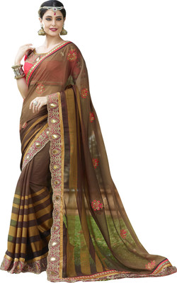 

Khushali Self Design, Embroidered, Embellished Fashion Georgette Saree(Brown, Pink)