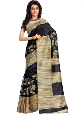 

Urban Vastra Floral Print Bhagalpuri Kota Cotton Saree(Black)