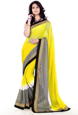 Sourbh Sarees Self Design Fashion Chiffon Saree(Yellow, Black), Black;yellow