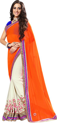 

Jiya Self Design, Embellished, Embroidered Fashion Georgette, Jacquard Saree(White, Orange, Blue), Blue;orange;white
