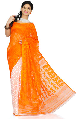 

Crochetin Self Design Jamdani Handloom Silk Cotton Blend Saree(White, Orange), Orange;white
