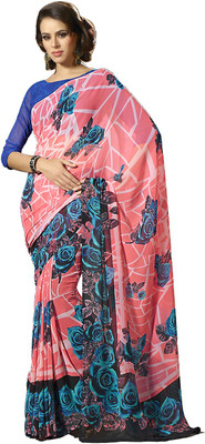 

Ishin Printed Fashion Georgette Saree(Pink), Pink & blue