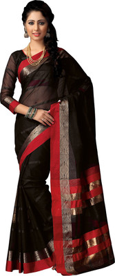 

Ishin Solid, Striped Fashion Cotton Saree(Black)