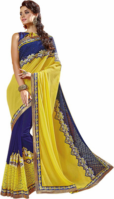 

Khoobee Self Design, Embroidered, Embellished Fashion Georgette, Jute, Jacquard Saree(Yellow, Blue), Blue;yellow