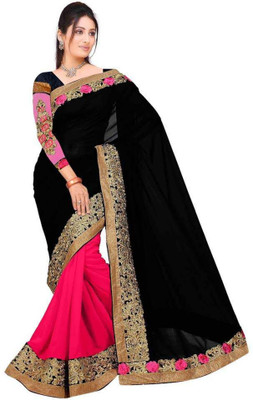 

Kataria Fabrics Embroidered Fashion Georgette Saree(Black), Black pink