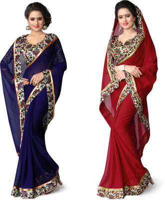 

Indianbeauty Self Design, Solid Fashion Chiffon Saree(Pack of 2, Blue, Red)