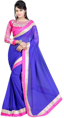 

Monika Silk Mill Plain Daily Wear Georgette Saree(Blue)