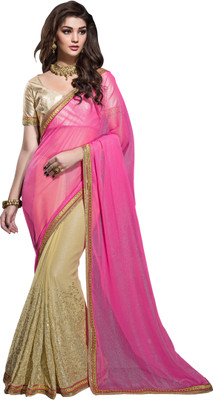 

Khoobee Self Design, Embroidered, Embellished Fashion Chiffon Saree(Pink, Beige), Beige;pink
