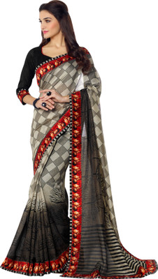 

Brijraj Printed Fashion Art Silk Saree(Black, White)