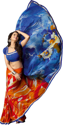 

Ewows Printed Fashion Georgette Saree(Blue, Orange), Dark indigo & orange