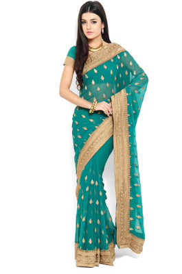 

Soch Self Design, Solid Fashion Chiffon Saree(Blue, Beige), Green