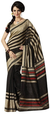 Bhavi Striped Fashion Art Silk Saree(Black, Gold) Bhavi Striped Fashion Art Silk Saree(Black, Gold)