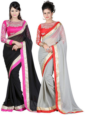 onlinefayda Embroidered Daily Wear Chiffon Saree(Pack of 2, Grey)