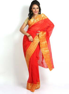 Purabi Woven Tant Handloom Cotton Blend Saree(Red)