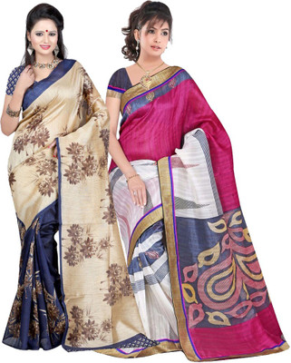 

Kesar Sarees Printed Daily Wear Cotton Saree(Pack of 2, Beige), Beige;pink