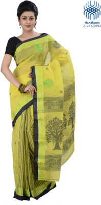 

Tantuja Solid Tangail Handloom Cotton Saree(Yellow, Black)