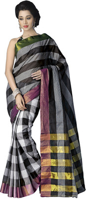 

Ishin Self Design Fashion Cotton Saree(Black), Black;white