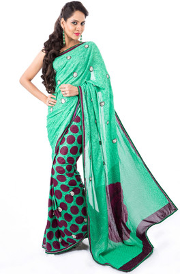 Cenizas Self Design Fashion Chiffon Saree(Green)