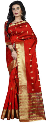 

Pehnava Self Design Banarasi Polycotton Saree(Red)