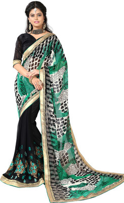 

Saara Geometric Print Fashion Georgette Saree(Green, Black), Green and black