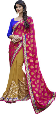 

Khushali Self Design, Embellished, Embroidered Fashion Georgette Saree(Beige, Pink)