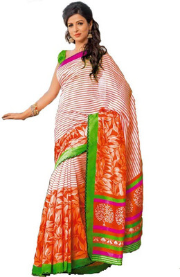 

K D Collection Printed Daily Wear Jute Saree(Green), Orange