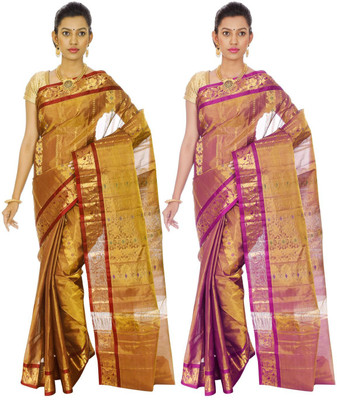 

Mahaveersilkcreations Woven Kanjivaram Pure Silk Saree(Pack of 2, Multicolor), Multi