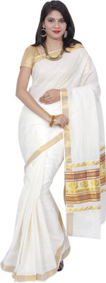 

Fashionkiosks Solid Fashion Handloom Cotton Saree(White), White gold
