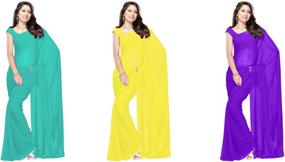 

Lovely Look Solid Daily Wear Georgette Saree(Pack of 3, Green, Yellow, Purple), Rama & yellow & dark purple