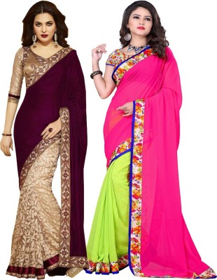 

Kesar Sarees Embroidered Daily Wear Georgette Saree(Pack of 2, Purple), Green;purple