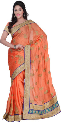 

Desi Butik Embroidered Fashion Satin Saree(Orange)