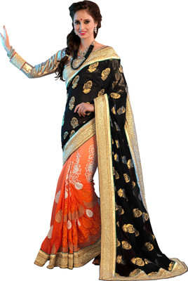 

Khushali Self Design, Embellished, Embroidered Fashion Georgette Saree(Orange, Black, Beige), Beige;black;orange