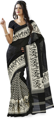 

Khoobee Self Design, Printed Fashion Art Silk Saree(Black, White)