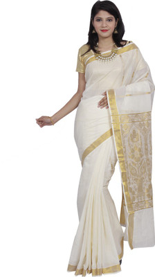 

Fashionkiosks Solid Fashion Handloom Cotton Saree(White), Cream gold
