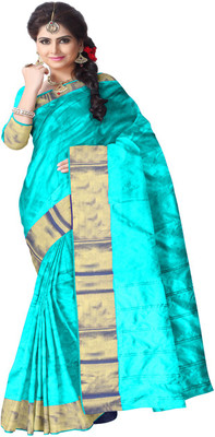 

Javuli Woven Arani Pattu Handloom Silk Cotton Blend Saree(Light Blue, Gold), Gold;light blue