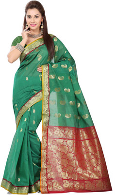 

Ishin Woven Fashion Cotton Saree(Green), Green & red