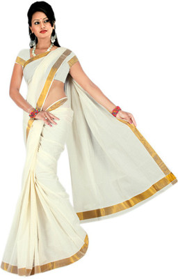 Sudha Creations Solid Fashion Cotton Saree(White), Begie