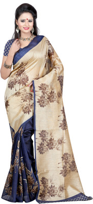 

Ajamukhi Printed Bhagalpuri Printed Silk Saree(Beige, Blue)