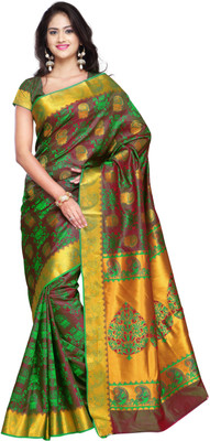 

Varkala Silk Sarees Woven Kanjivaram Saree(Green, Red), Pakistani green