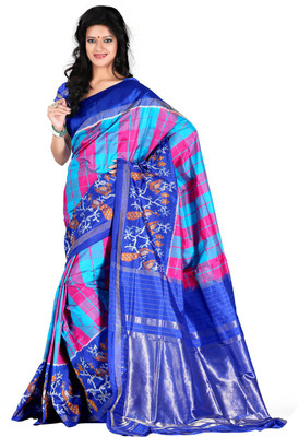 

Roopkala Silks Printed Pochampally Handloom Pure Silk Saree(Multicolor), Blue